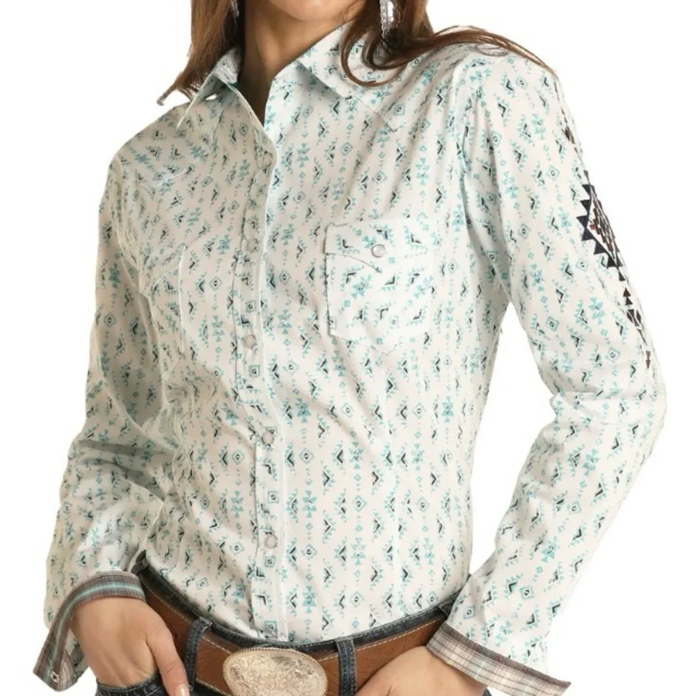 Panhandle Aztec Print Long Sleeve Snap button Shirt Turquoise size M - Picture 1 of 13